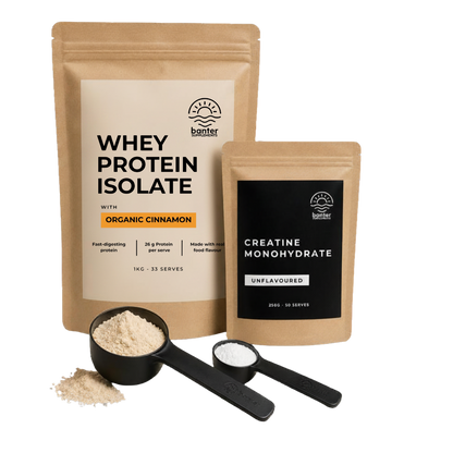 Banter Whey Protein Isolate Organic Cinnamon Starter Pack including 1kg whey protein, 250g creatine monohydrate, protein scoop and creatine scoop.
