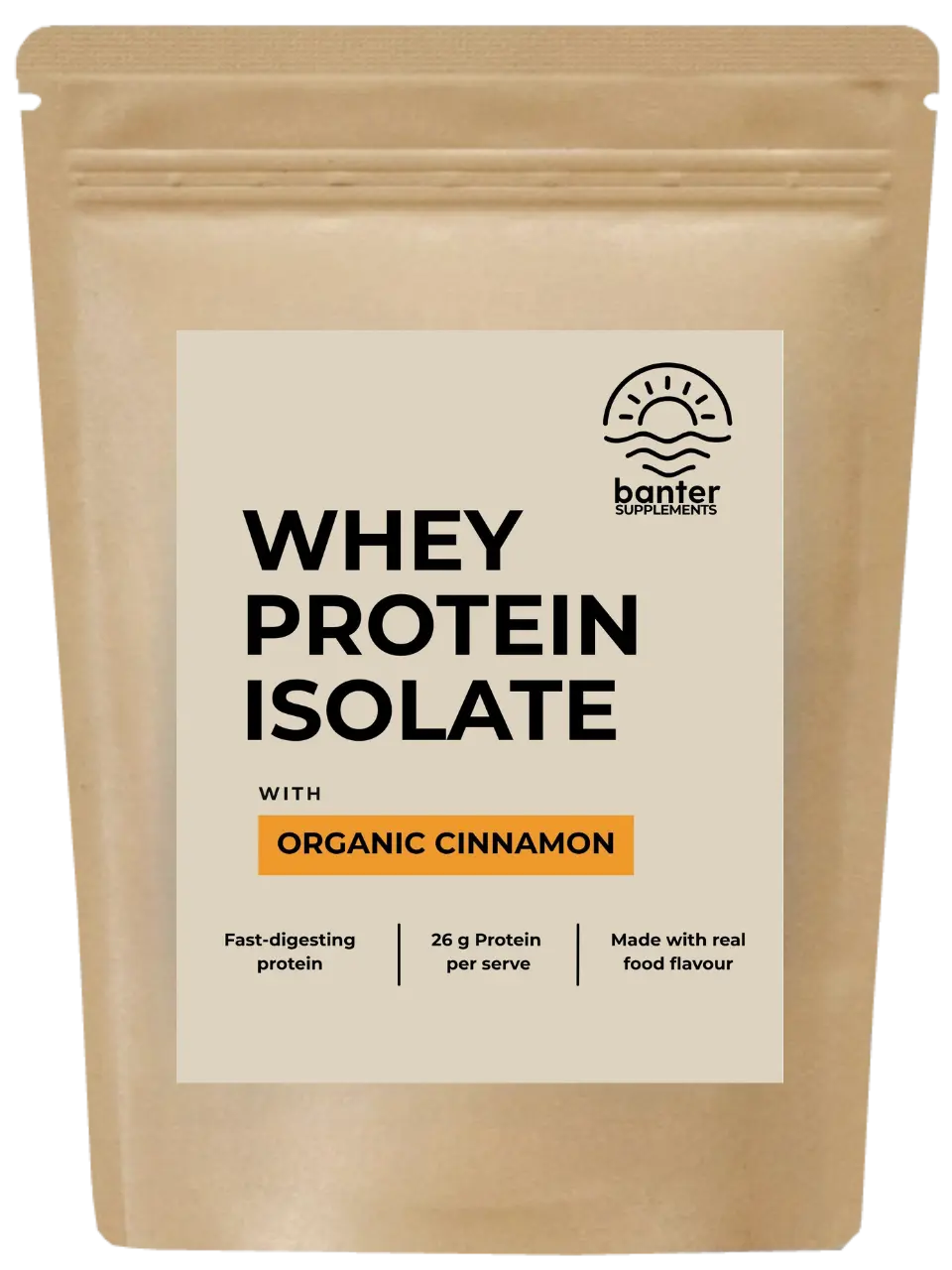 Banter Supplements Whey Protein Isolate with Organic Cinnamon 1kg pouch.