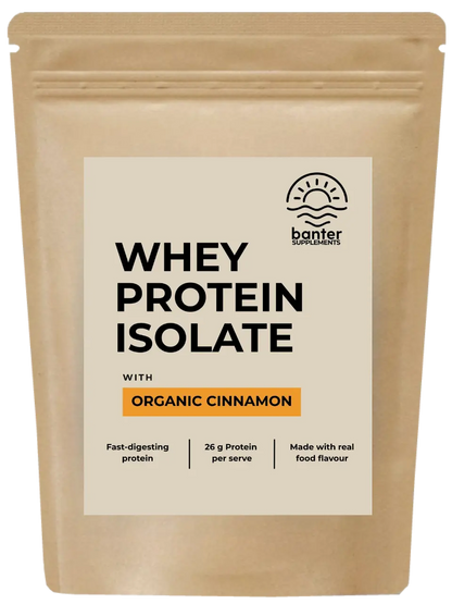Banter Supplements Whey Protein Isolate with Organic Cinnamon 1kg pouch.