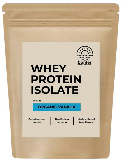 Banter Supplements Whey Protein Isolate with Organic Vanilla 1kg pouch.