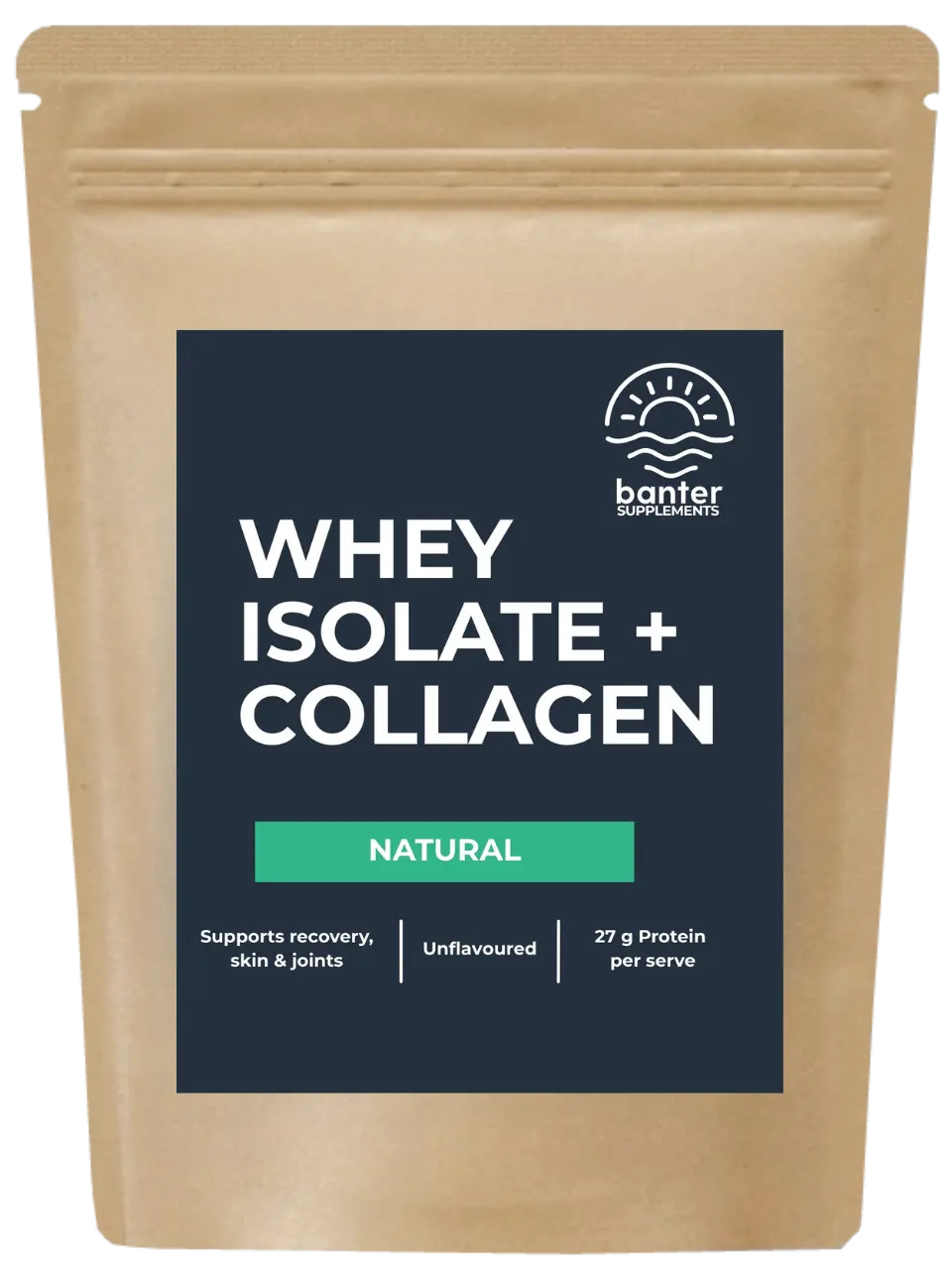 Banter Supplements Whey Isolate + Collagen Natural (unflavoured) protein powder 1kg pouch.