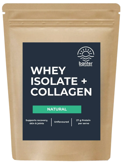 Banter Supplements Whey Isolate + Collagen Natural (unflavoured) protein powder 1kg pouch.