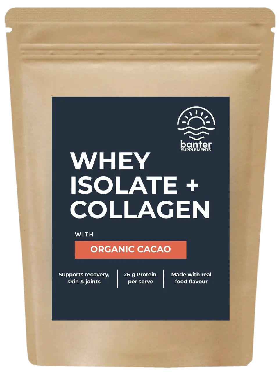 Banter Supplements Whey Isolate + Collagen Cacao protein powder 1kg pouch.