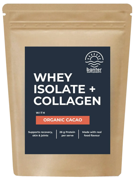 Banter Supplements Whey Isolate + Collagen Cacao protein powder 1kg pouch.