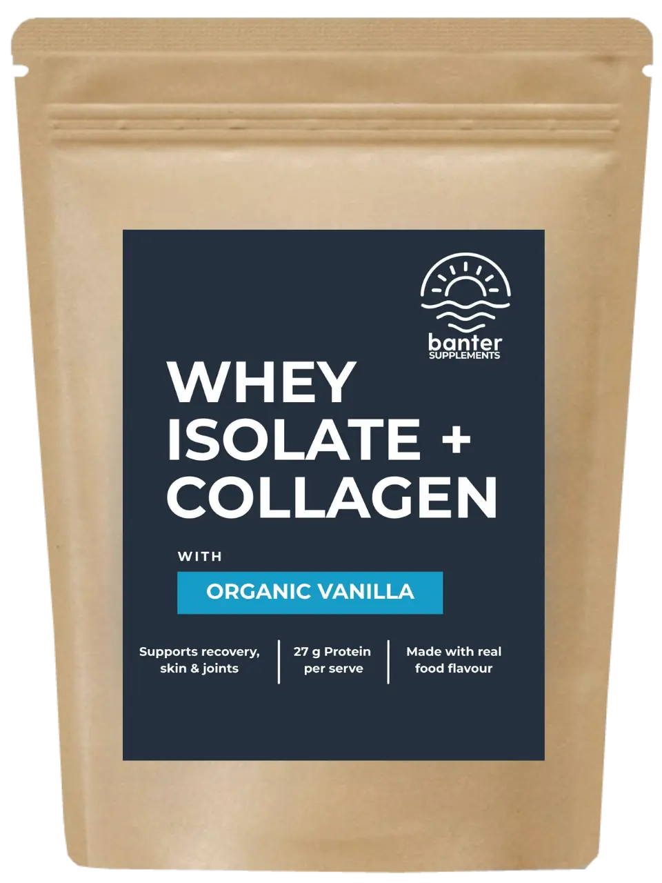 Banter Supplements Whey Isolate + Collagen Organic Vanilla protein powder 1kg pouch.