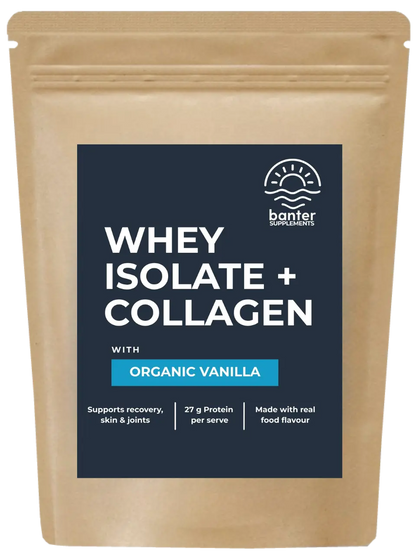 Banter Supplements Whey Isolate + Collagen Organic Vanilla protein powder 1kg pouch.