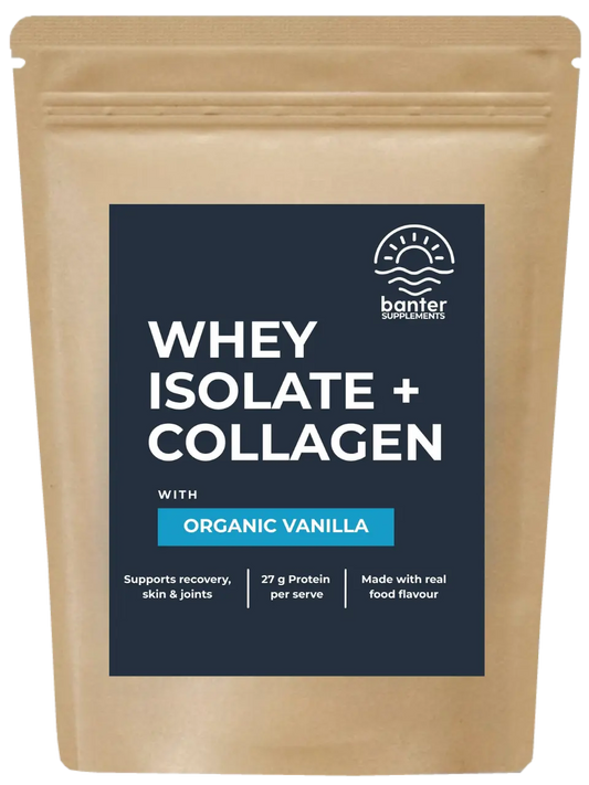 Banter Supplements Whey Isolate + Collagen Organic Vanilla protein powder 1kg pouch.